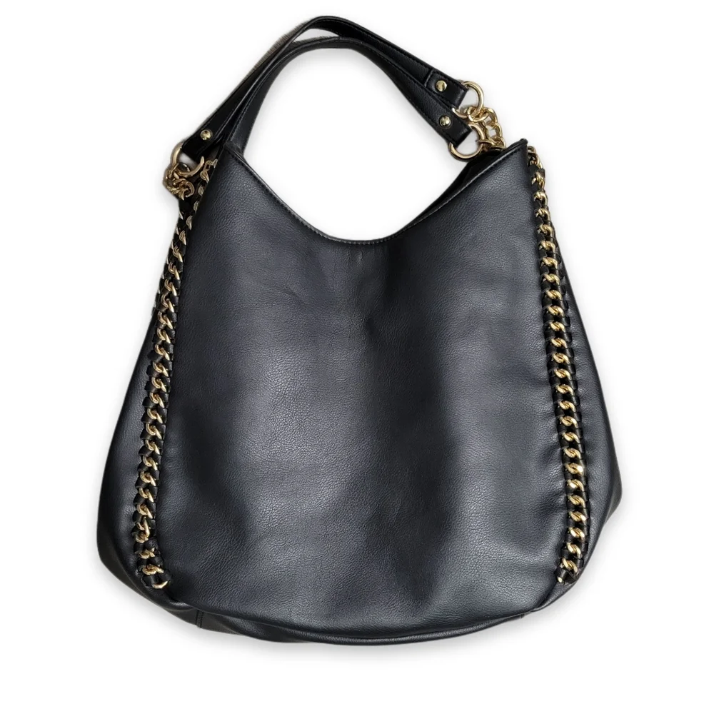 Bebe Colette Triple Entry Black Hobo Bag/Satchel Gold Chainlink Hobo Bag